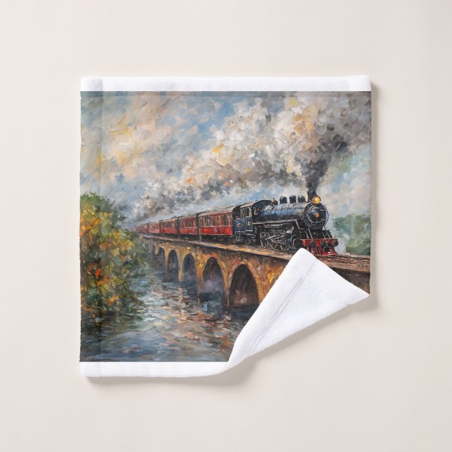 Train à vapeur sur un pont - Peinture à l'huile (Gant de toilette)