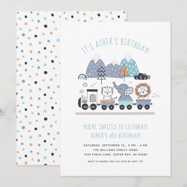 Train animal mignon Invitation fête d'anniversaire (Devant / Derrière)