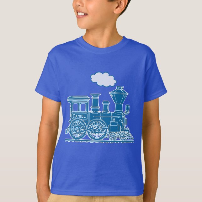 Train bleu de locomotive à vapeur "votre" T-shirt (Devant)