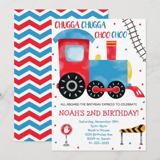 Train Blue Red Watercolor Invitation Anniversaire (Devant / Derrière)