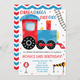 Train Blue Red Watercolor Invitation Anniversaire