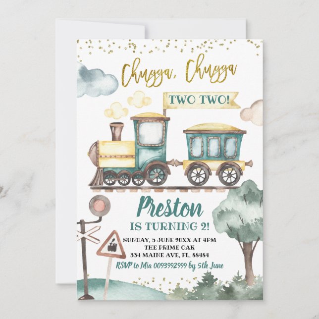Train Boy Invitation de deuxième anniversaire (Devant)