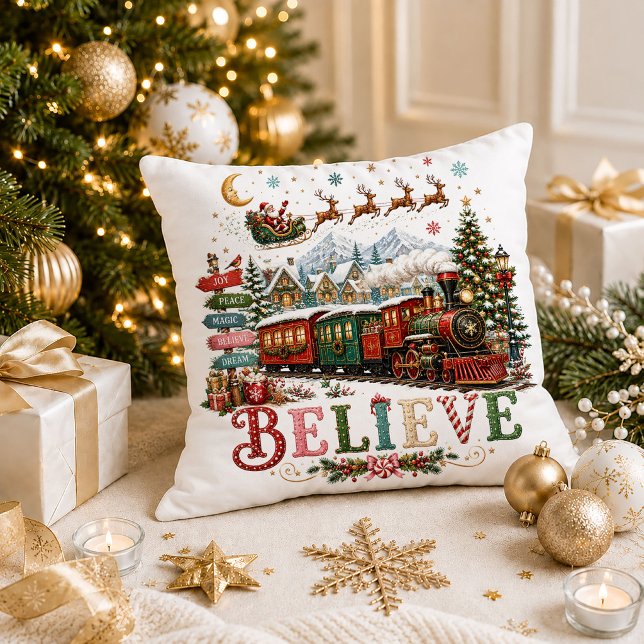 Train de Noël Rouge Vert Citation Coussin Décorati (Christmas Train Red Green Quote Decorative Pillow)