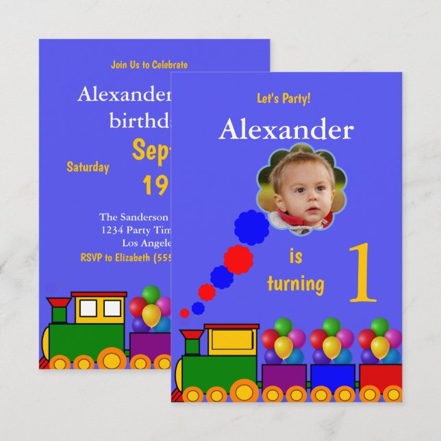 Train et ballons Invitation photo 1er anniversaire (Devant / Derrière)