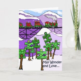 Train et puzzle arbres Noël Carte autisme