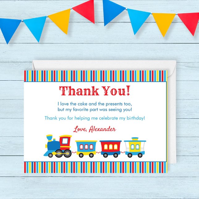 Train mignon Carte de remerciements (Train Thank You card with a cute cartoon train in primary colors. Can be edited for any event)