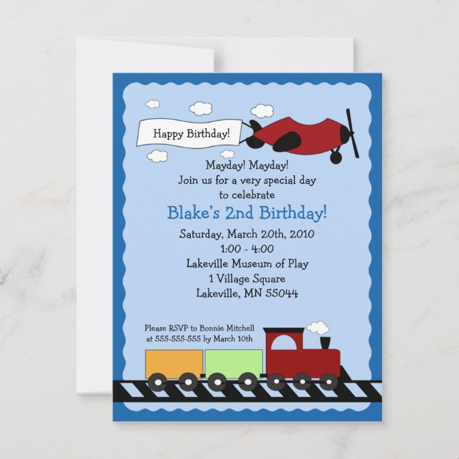 Train & Plane 4x5 mignonne invitation à l'annivers (Devant)