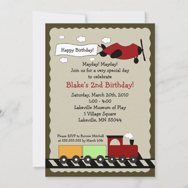 Train & Plane 5x7 mignon invitation à l'anniversai (Devant)