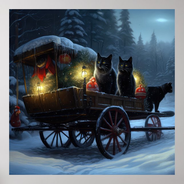 Traîneau enneigé de chat noir Noël décoration (Devant)