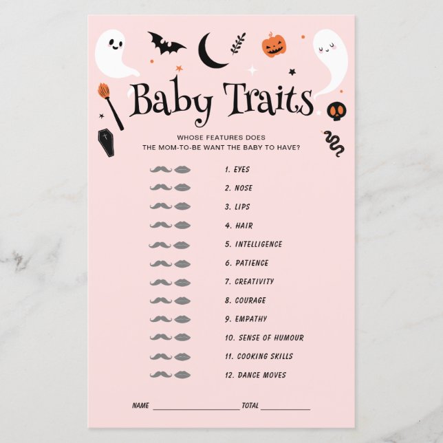 Traits de bébé Jeu Baby Shower Rose Halloween (Devant)
