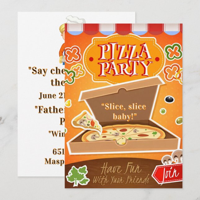 Tranche, Tranche Bébé ! Invitation à une fête de p ("Hot pizza, family time" wine and beer!)