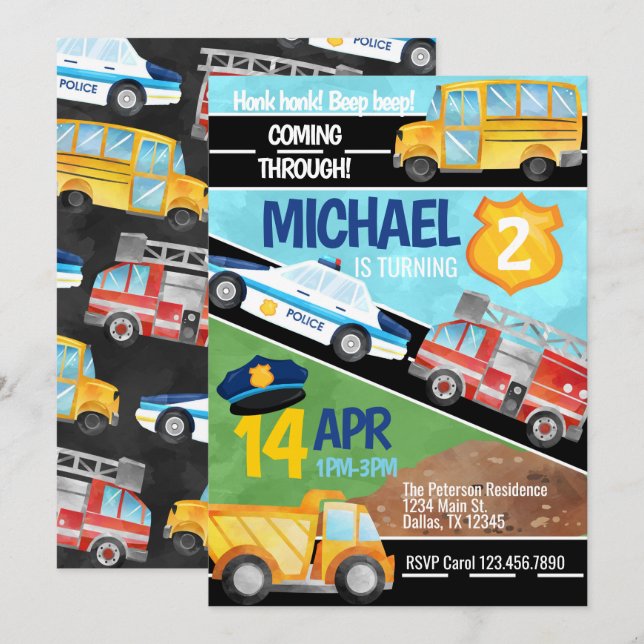 Transport Camion Anniversaire Fête Invitation (Devant / Derrière)