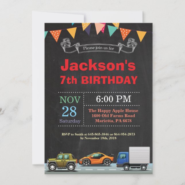 Transport Voiture Camion Invitation Anniversaire (Devant)
