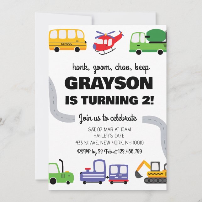 Transportation 2nd Birthday Invitation for Boy (Devant)