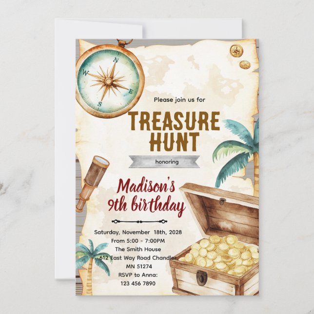 Treasure hunt birthday party theme invitation (Devant)