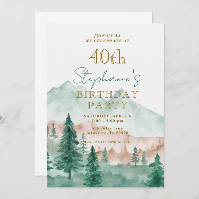 Tree Forest Mountain 40e anniversaire Invitations (Devant / Derrière)