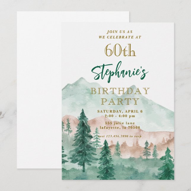 Tree Forest Mountain 60e anniversaire Invitations (Devant / Derrière)