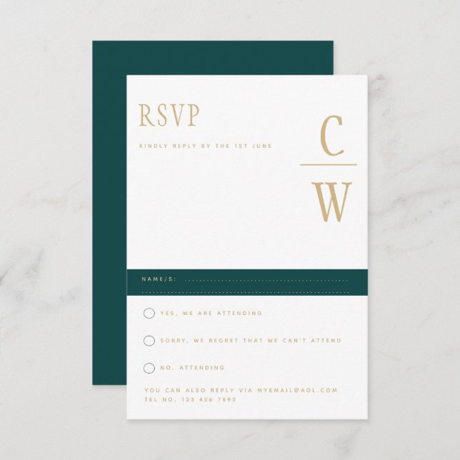 Trending Peacock TEAL Green Gold Wedding RSVP (Devant / Derrière)