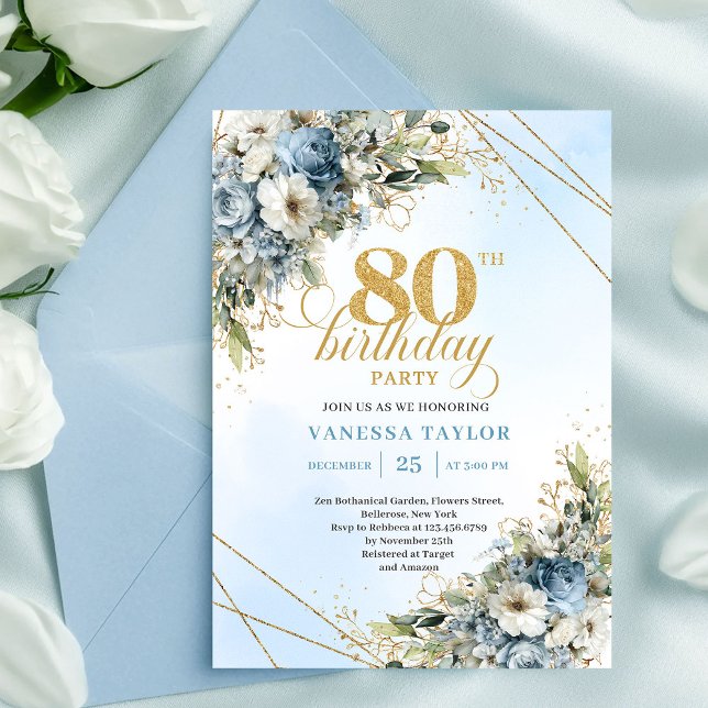 Trendy 80th Birthday Invitation Blue White Florals (Trendy 80th Birthday Invitation Blue White Florals Boho)