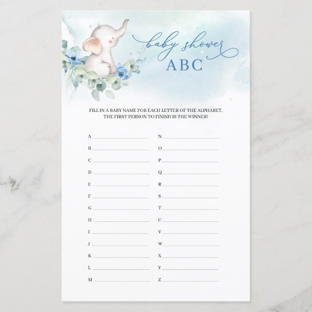 Trendy bébé éléphant bleu floral Baby Shower ABC (Devant)