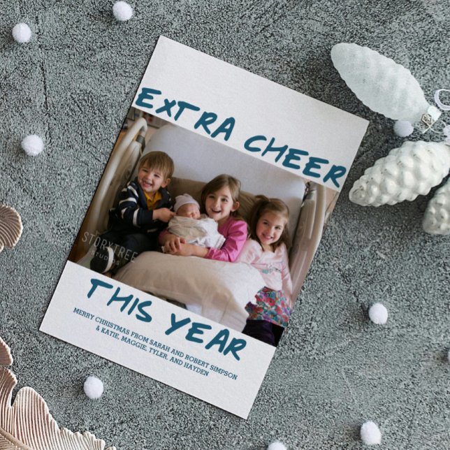 Trendy Extra Cheval Cette année Carte photo | Bleu (Blue Trendy Extra Cheer This Year Holiday Photo Card)