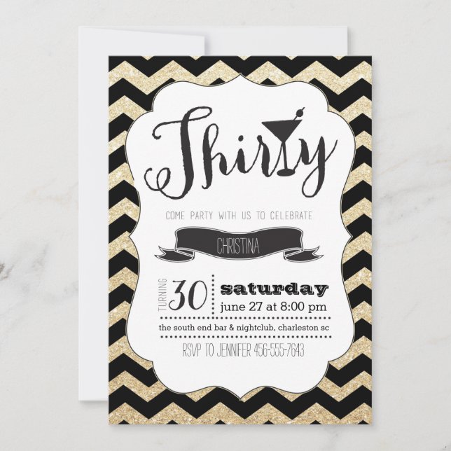 Trente Black & Gold Chevron Invitation d'anniversa (Devant)