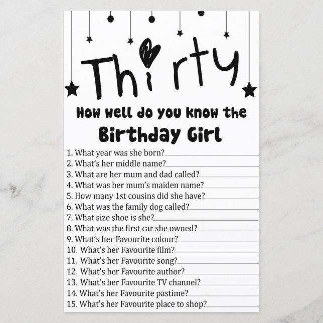 Trente Connais-tu bien la fille d'anniversaire ? (Devant)