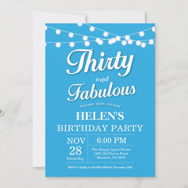 Trente et fabuleux Anniversaire Invitation Bleu (Devant)