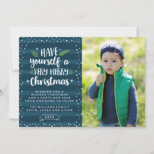 Très Joyeux Noël   Carte Photo à Rayures Bleu Mari