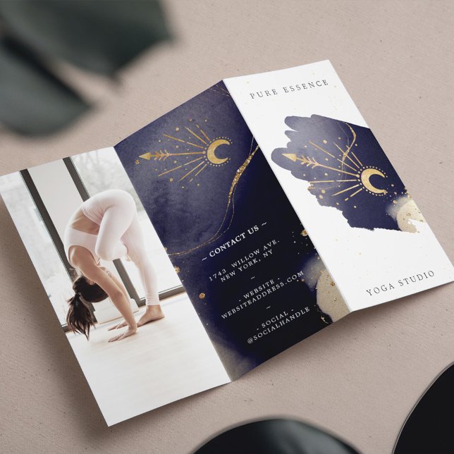 Tri-Fold d'encre foncée de lune céleste holistique (Holistic Celestial Sun Moon Dark Ink Yoga Tri-Fold)