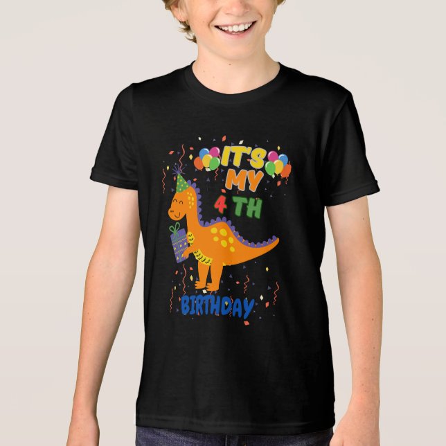 Tri-matière Fun 4e anniversaire Dinosaur Party T-shirt pour en (Recto)