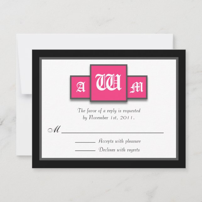 Tri-Monogram Fuchsia Réponse moderne / Cartes RSVP (Devant)