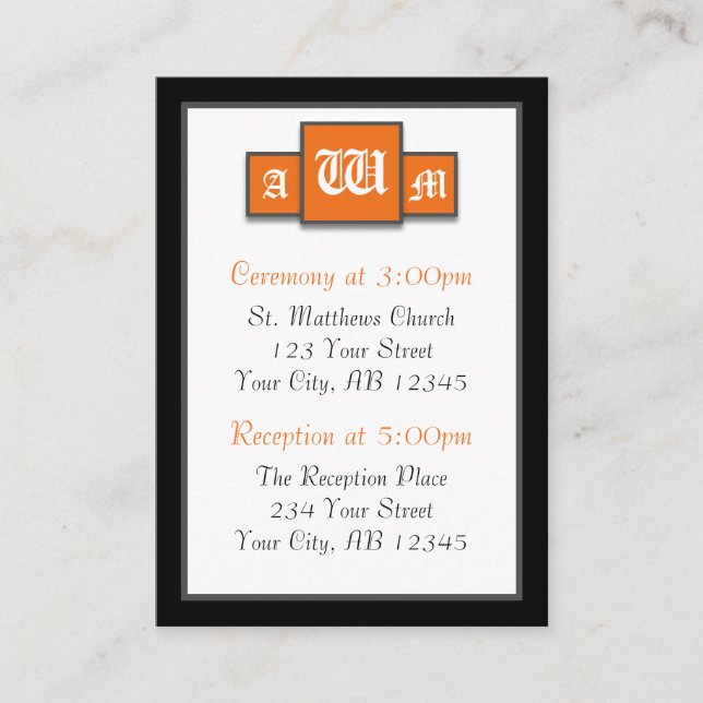 Tri-Monogram Orange Modern Guest Cartes de référen (Devant)
