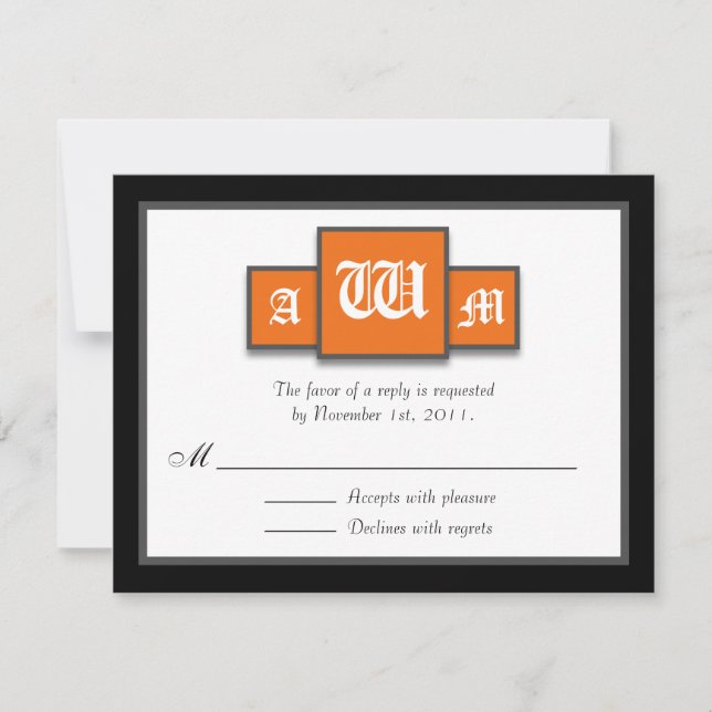 Tri-Monogram Orange Modern Reply / Cartes RSVP (Devant)
