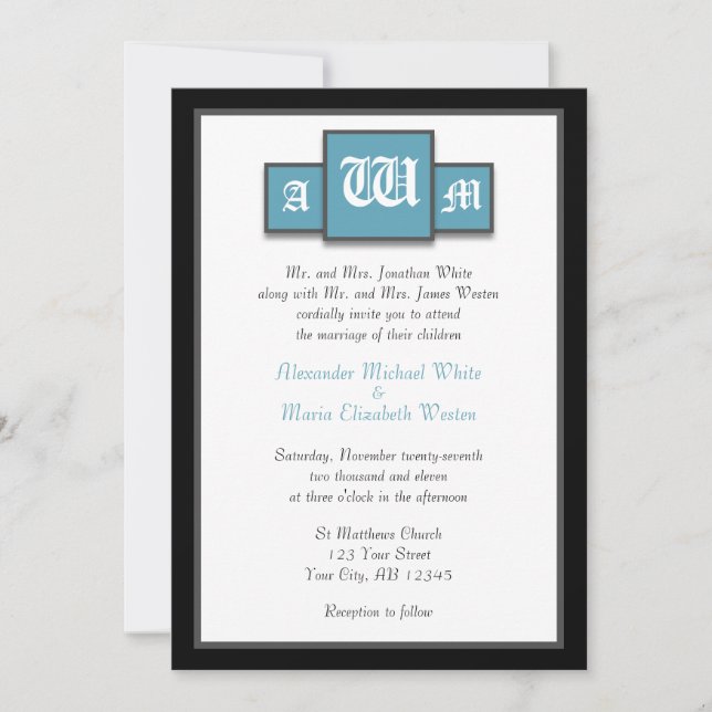 Tri-Monogramme Blue Modern Wedding Invitations (Devant)