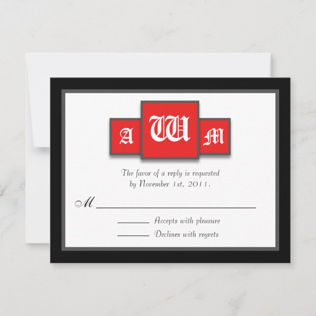 Tri-Monogramme Rouge moderne Réponse / Cartes RSVP (Devant)