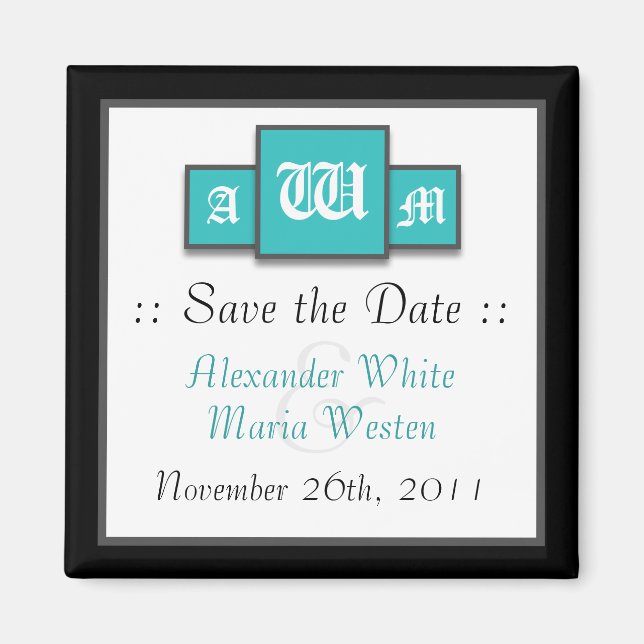 Tri-Monogramme Turquoise Magnet Réservez la date m (Devant)
