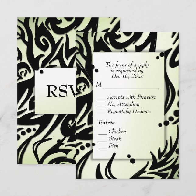 Tribal abstrait noir et vert avec menu RSVP (Devant / Derrière)