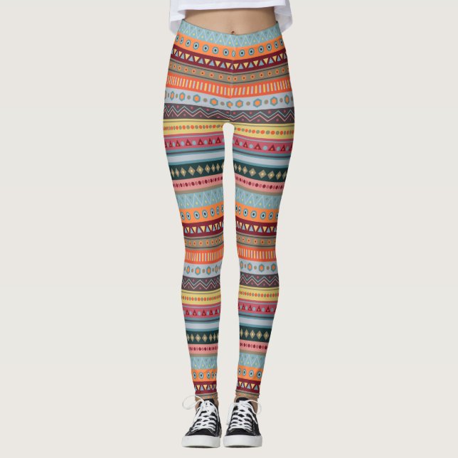 Tribal Stripes Colorful Geometry Motif Leggings (Devant)
