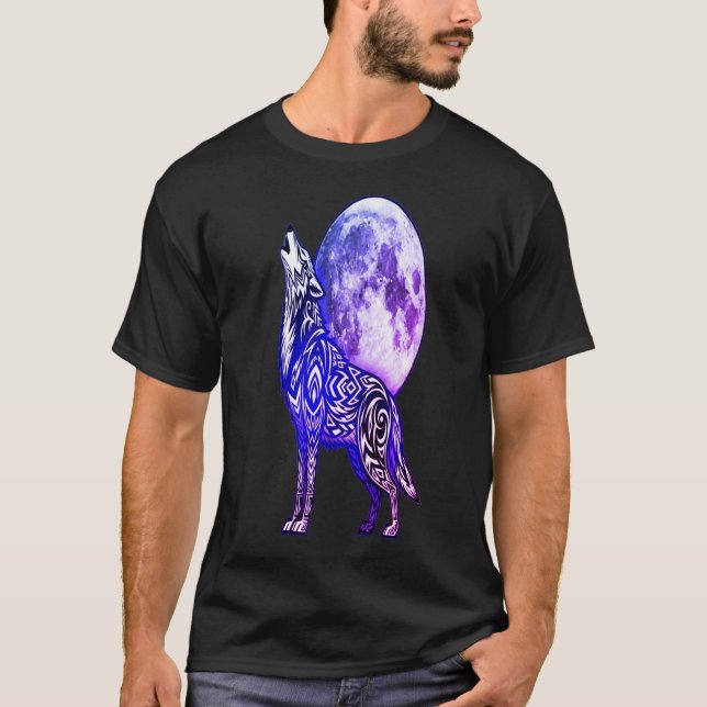 Tribal Wolf Howling at Moon T-Shirt | Mystical Blu (Devant)