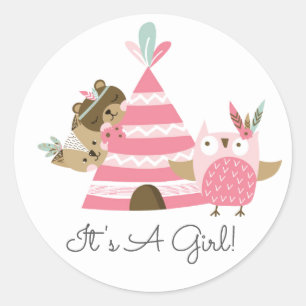 Tribal Woodland Animals It'a Girl Favor Sticker