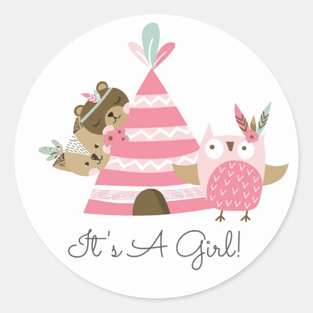 Tribal Woodland Animals It'a Girl Favor Sticker (Devant)