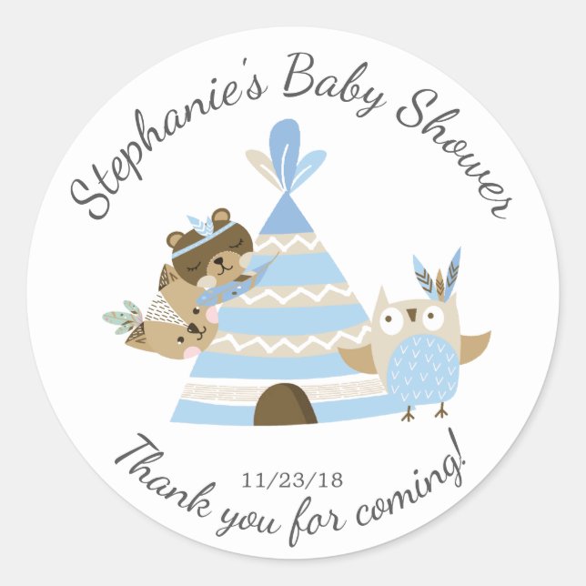 Tribal Woodland Boys Baby shower Favoriser Sticker (Devant)