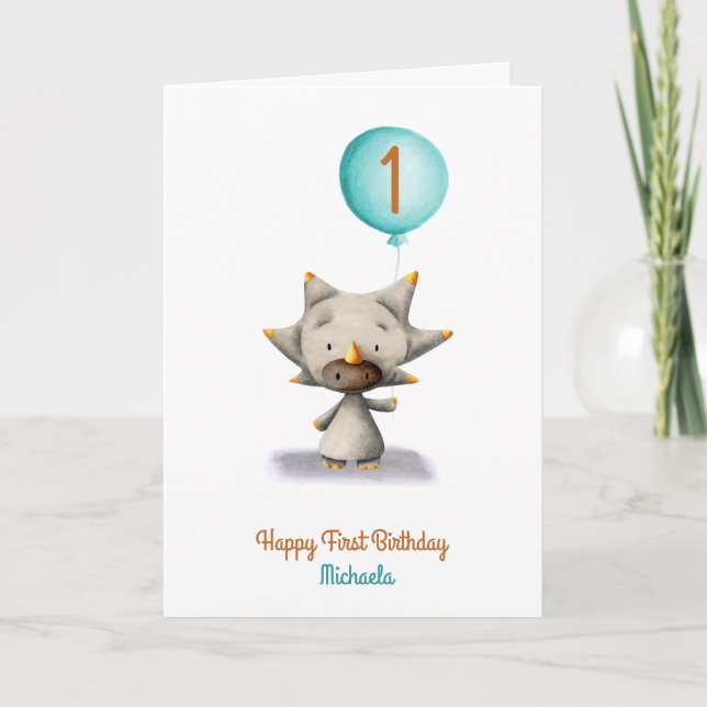 Tricératops mignonnes avec Balloon Carte d'anniver (Devant)
