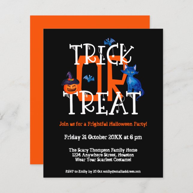 Trick Budget Ou Traiter Halloween Invitation Noir (Devant / Derrière)
