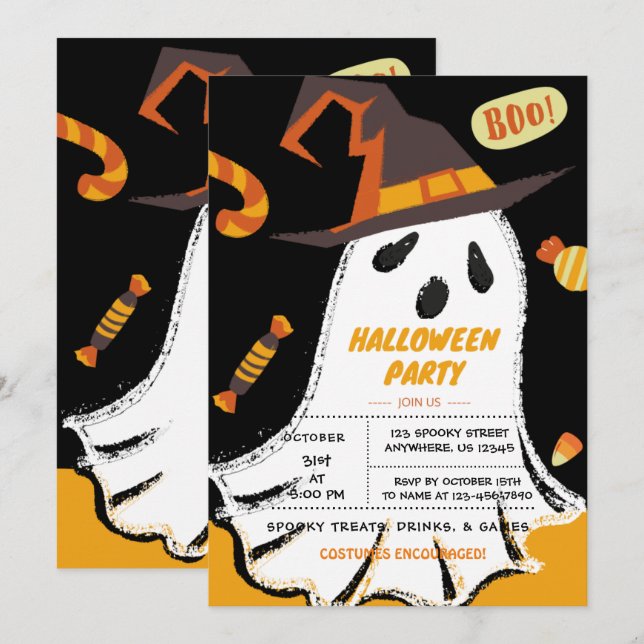Trick or Treat, Halloween Ghost, Candy Invitation (Devant / Derrière)