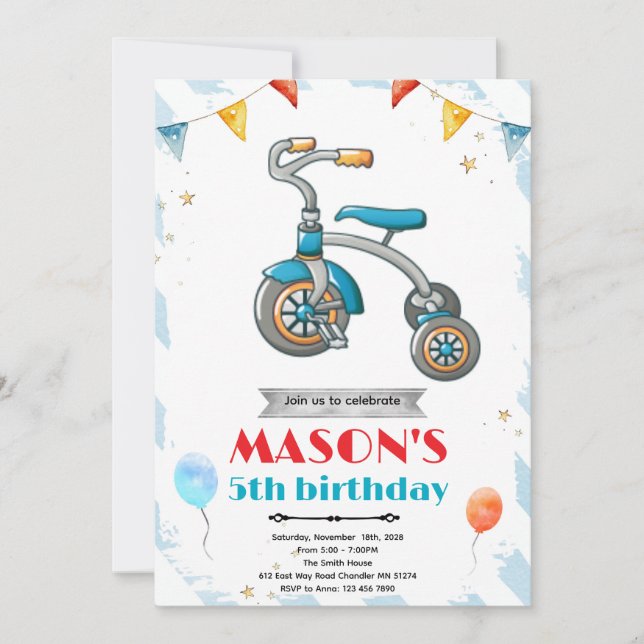 Tricycle birthday party invitation (Devant)