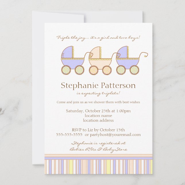 Trio Carriage Triplet Girl Boys Shower Invitation (Devant)