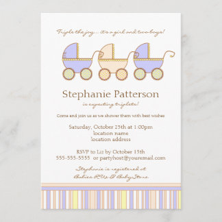 Trio Carriage Triplet Girl Boys Shower Invitation