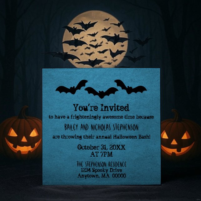 Trio de chauves-souris Invitation de la fête d'Hal (Blue Trio of Bats Halloween Party Invitation)